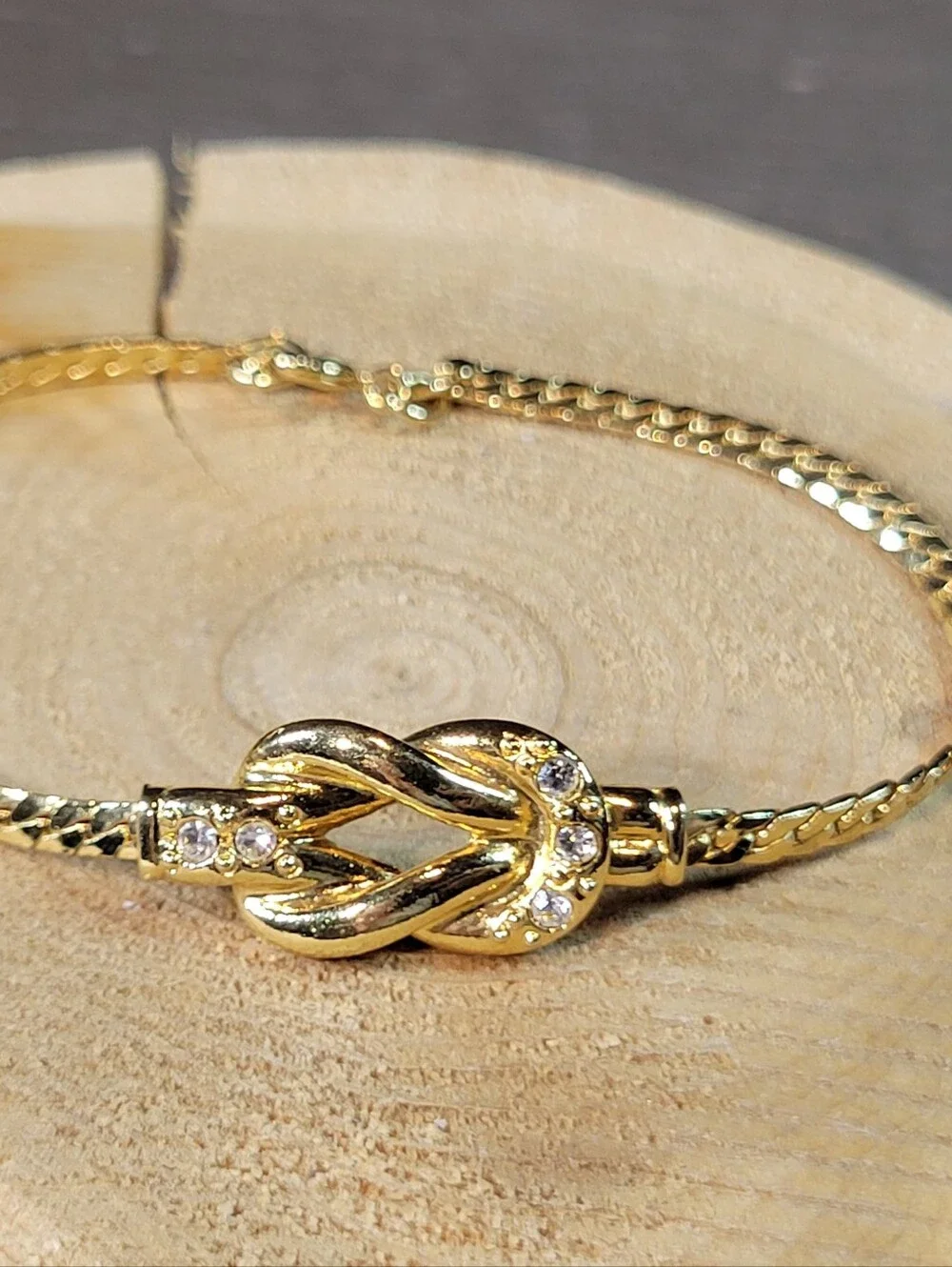 Vintage Gold Tone with Icy Rhinestone Knot Bracelet 6.5
